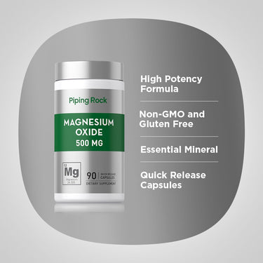 Magnesium Oxide 500 mg capsules, high potency, non-GMO, gluten-free. Essential mineral, 90 quick release capsules.