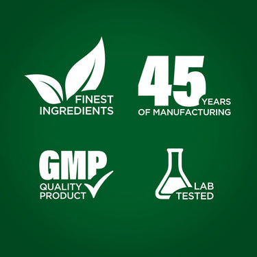 Graphic stating Finest Ingredients, 45 Years of Manufacturing, GMP Quality Product, Lab Tested