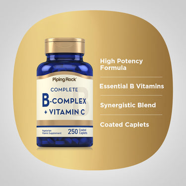 Product highlights graphic stating High Potency Formula, Essential B Vitamins, Synergistic Blend, Coated Caplets. 