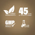 Graphic stating Finest Ingredients, 45 Years of Manufacturing, GMP Quality Product, Lab Tested