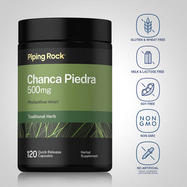 Chanca Piedra bottle with icons indicating Gluten/Wheat Free, Milk/Lactose Free, Soy Free, NON GMO, No Artificial Additives.