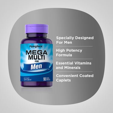Product highlights graphic stating Specially Designed For Men, High Potency Formula, Essential Vitamins and Minerals, Coated Caplets.