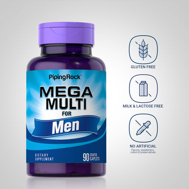 Mega Multi for Men bottle with icons indicating Gluten Free, Milk & Lactose Free, No Artificial Flavors, sweeteners, colors, or preservatives.