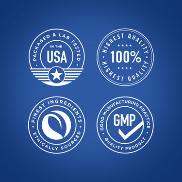 Infographic: Packaged & Lab Tested in the USA, 100% Highest Quality, Finest Ingredients Ethically Sourced, GMP Good Manufacturing Practice Quality Product