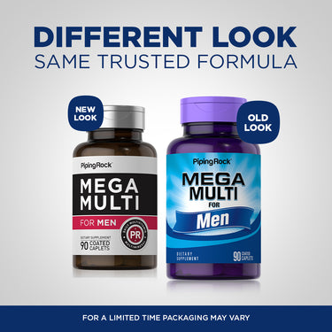 Two bottles of Mega Multi For Men Dietary Supplement, 90 Coated Caplets, one labeled 'New Look' and one 'Old Look'.