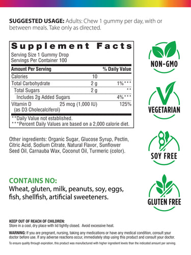 Sunny Gummies Vitamin D3 1,000 IU, 100 Vegetarian Gummies