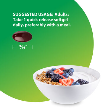 Astaxanthin 12 mg quick release softgel, 9/16'' long, for adults to take daily with a meal, shown with berries and granola.