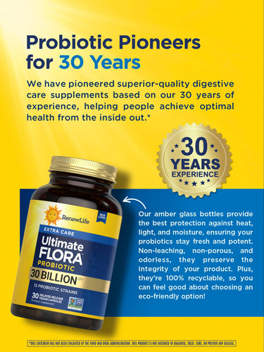 Ultimate FLORA Extra Care Probiotic: 30 Billion CFU, 12 strains, 30 vegan delayed-release capsules, Non-GMO.