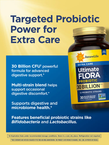 RenewLife Ultimate Flora Extra Care Probiotic with 30 Billion CFU in 30 Delayed Release Vegan Capsules.