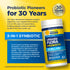 Promotional graphic: 'Probiotic Pioneers for 30 Years' with 3-IN-1 SYNBIOTIC from RenewLife Ultimate Flora Probiotic.
