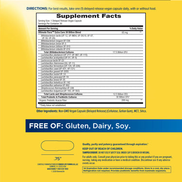 Ult Flora Extra Care 30 Billion 30 Veg Caps Supplement Facts panel, 3-pack, shown clearly.