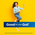 Smiling woman in a daisy cardigan jumping excitedly on yellow background, with a blue bar displaying the text: 'Good for your Gut!'