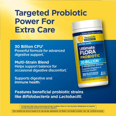 RenewLife Ultimate Flora Probiotic Extra Care with 30 Billion CFU in 30 delayed release vegan capsules.