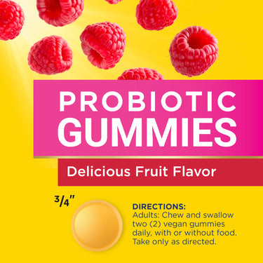 A 3/4 inch round orange-yellow Probiotic Gummy with 'Delicious Fruit Flavor' text and directions for adult use.