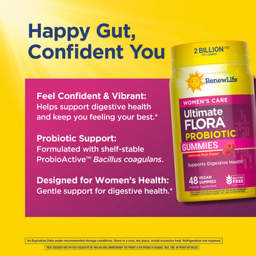 RenewLife Women's Care Ultimate Flora Probiotic Gummies, 48 Vegan, Gluten Free. Contains 2 Billion CFU for digestive health.