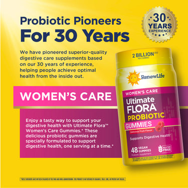 RenewLife Women's Probiotic Gummies, 48 Vegan, 2 Billion CFU per 2 Gummies, support digestive health, gluten-free.