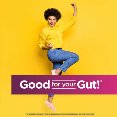 Energetic young Black woman jumping and cheering, with a banner stating 'Good for your Gut!*' for Women's Probiotic.
