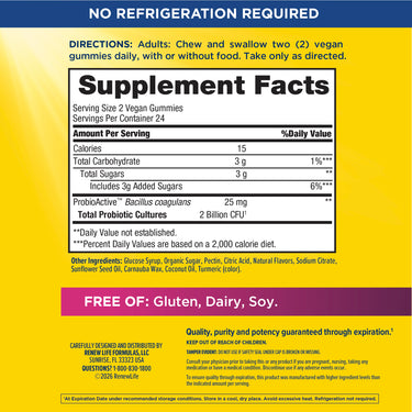 Supplement Facts panel for RN Women's Probiotic 2 Billion with Cranberry 48 Gummies.