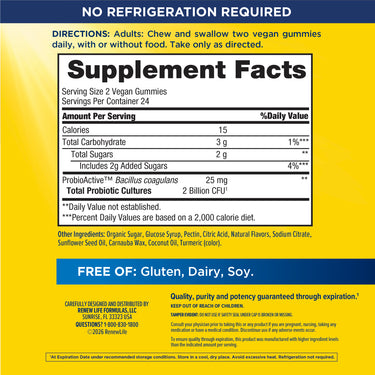 Label details for RN Ultimate Flora Extra Care 48 Gummies: Supplement Facts, Directions, Ingredients. No refrigeration. Gluten, Dairy, Soy Free.