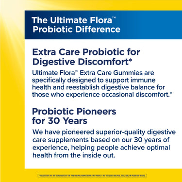 Ultimate Flora Extra Care Gummies graphic: Probiotic Difference for digestive discomfort, immune health, and digestive balance. 30 years experience.