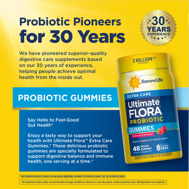Ultimate Flora Extra Care Probiotic Gummies, fruit flavor, 2 billion CFU per 2 gummies, 48 vegan gummies total.