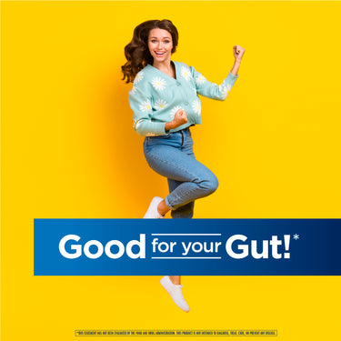Happy woman jumping with fists raised. Blue banner reads 'Good for your Gut!*' with a small regulatory disclaimer below.