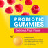 Delicious fruit-flavored probiotic gummies shown. Includes a 3/4 inch round gummy and adult usage directions.