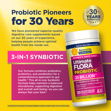 RenewLife Ultimate Flora Women's Probiotic offers 25 Billion CFU in 30 vegan capsules, featuring a 3-in-1 synbiotic formula.