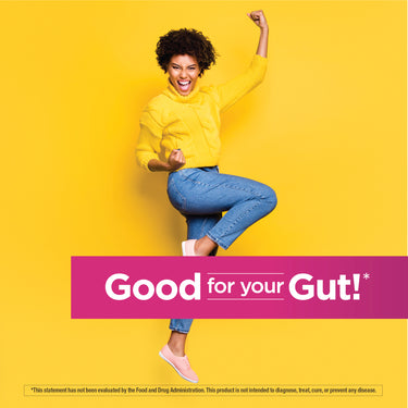 A young woman celebrating with text 'Good for your Gut!' promoting a women's probiotic.