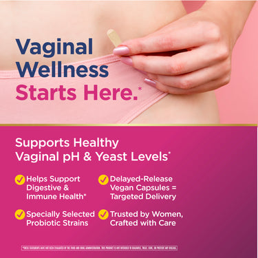 Product highlights graphic stating Digestive & Immune Support*, Delayed-Release Vegan Capsules, Targeted Delivery, Probiotic Strains.