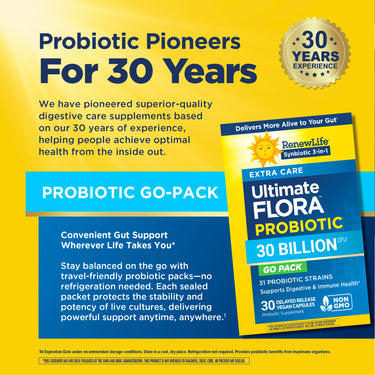 RenewLife Ultimate Flora Extra Care Probiotic Go Pack with 30 Billion CFU in 30 delayed release vegan capsules.