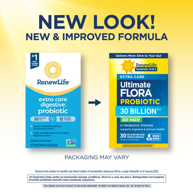 RenewLife Ultimate Flora Extra Care Probiotic 30 Billion CFU 30 Vegan Capsules with old and new packaging designs.
