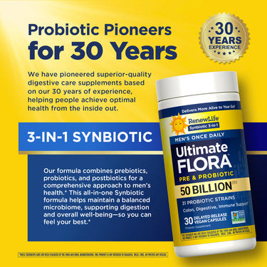 RenewLife Ultimate Flora Men's 50 Billion 30 Vegan Capsules, a 3-in-1 Synbiotic with 30 years of experience.