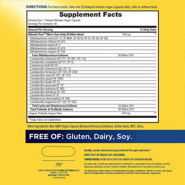Supplement Facts panel for Men's Care 50 Billion, 30 Vegetarian Capsules.
