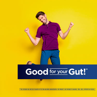 Young adult male celebrating and smiling, with banner text that reads 'Good for your Gut!'