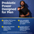 Product highlights graphic stating: Men's 50 Billion CFU probiotic for digestive and immune health, bowel comfort, balanced microbiome.