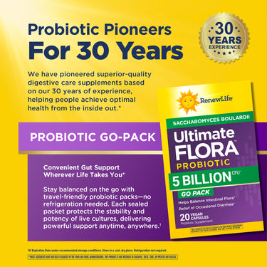 Ultimate Flora Probiotic Saccharomyces Boulardii with 5 Billion CFU, 20 Vegan Capsules Go Pack.