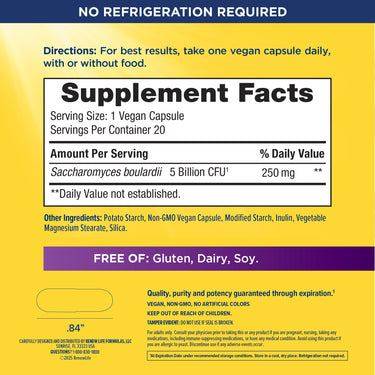 RN Ult Flora Saccharomyces Boulardii with 20 vegan capsules, 5 billion CFU, and 250 mg of Saccharomyces boulardii.