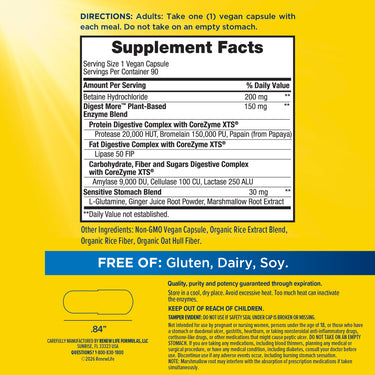 The Supplement Facts panel for DigestMore 90 Capsules displays nutritional information and daily values.