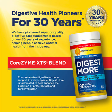 RenewLife Digest More Plant Based Enzymes offers 90 vegan capsules for gas, bloating, and indigestion relief. Gluten free.
