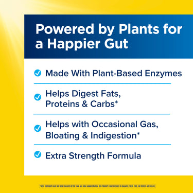 Product highlights graphic stating Plant-Based Enzymes, Digests Fats, Proteins & Carbs, Helps Gas, Bloating & Indigestion, Extra Strength.
