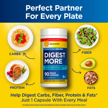 Product highlights graphic stating Digest More for Carbs, Fiber, Protein & Fats, aids with gas, bloating & indigestion, 1 capsule/meal.