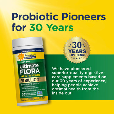 Ultimate Flora Adult 50+ Pre & Probiotic with 30 Billion CFU in 30 delayed-release vegan capsules.