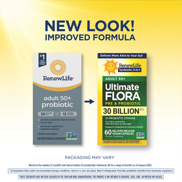 RN Ultimate Flora Adult 50+ 30 Billion 60 Veg Capsules in updated packaging with a new look and improved formula.