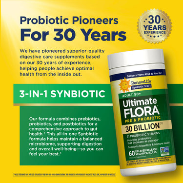 RenewLife Ultimate Flora Adult 50+ PRE & PROBIOTIC, 30 Billion, 60 Vegan Capsules, Delayed Release.