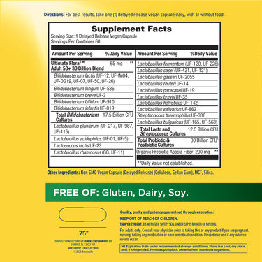 Ultimate Flora Adult 50+ 30 Billion 60 Veg Capsules label. Free of gluten, dairy, and soy.