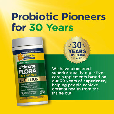 RenewLife Ultimate Flora Adult 50+ Pre & Probiotic with 30 Billion CFU in 90 delayed release, vegan, non-GMO capsules.