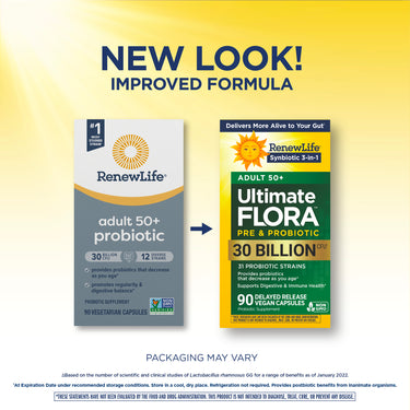 New look for RenewLife Adult 50+ Ultimate Flora Pre & Probiotic, 30 Billion, 90 Delayed Release Vegan Capsules.