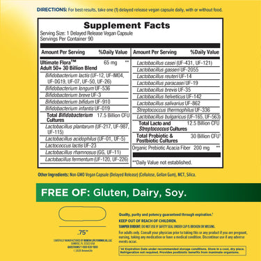 Supplement Facts panel for Ultimate Flora Adult 50+ 30 Billion 90 Veg Capsules.