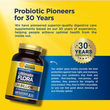 Ultimate Flora bottle with 'Probiotic Pioneers for 30 Years' and '30 YEARS EXPERIENCE' badge, detailing bottle protection.